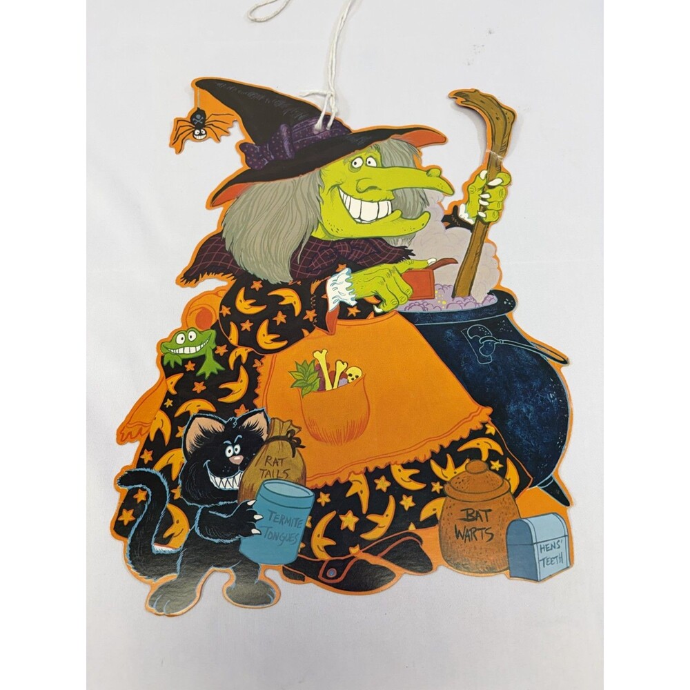 Vintage Die Cut Witch w/ Black Cat Halloween Double Sided Decoration by Kirk
